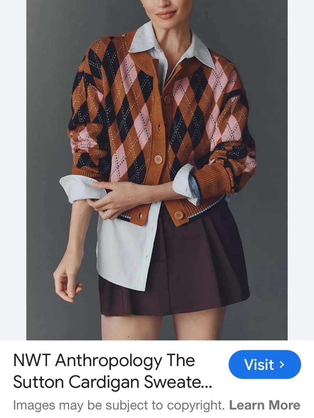 Maeve Argyle Button-Front Cardigan in Rust, Black & Pink